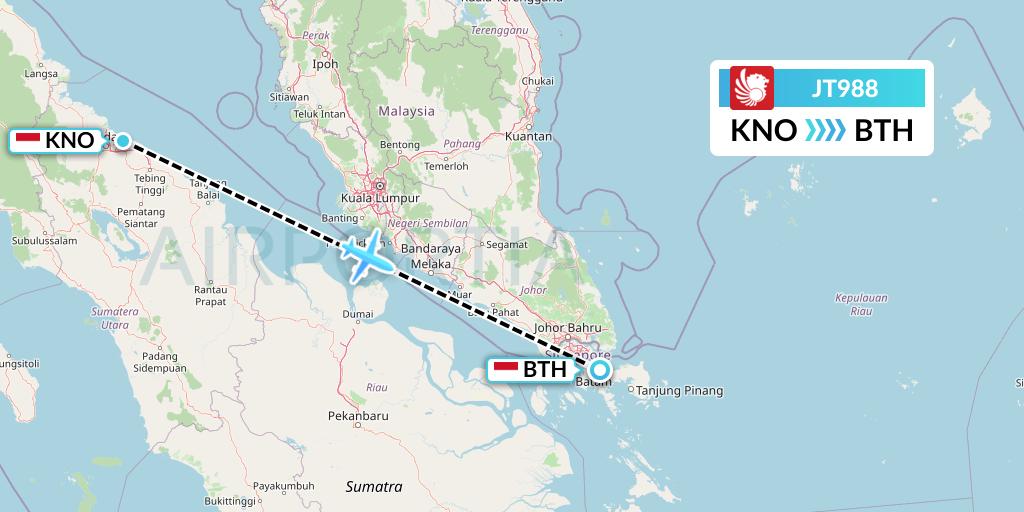 JT988 Lion Airlines Flight Map: Medan to Batam