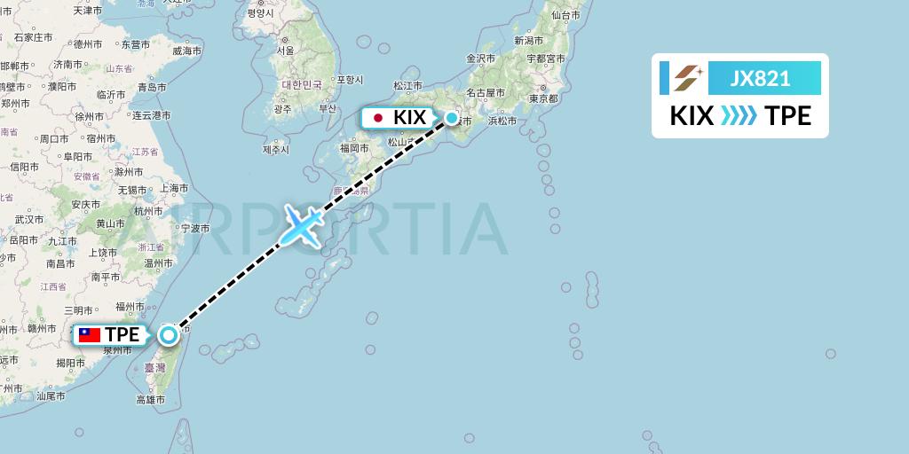JX821 Starlux Airlines Flight Map: Osaka to Taipei