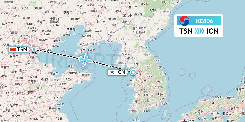 KE806 Korean Air Flight Map: Tianjin to Seoul