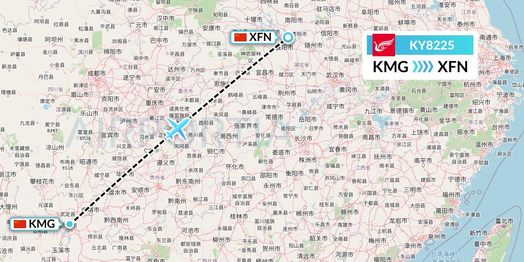 KY8225 Kunming Airlines Flight Map: Kunming to Xiangyang