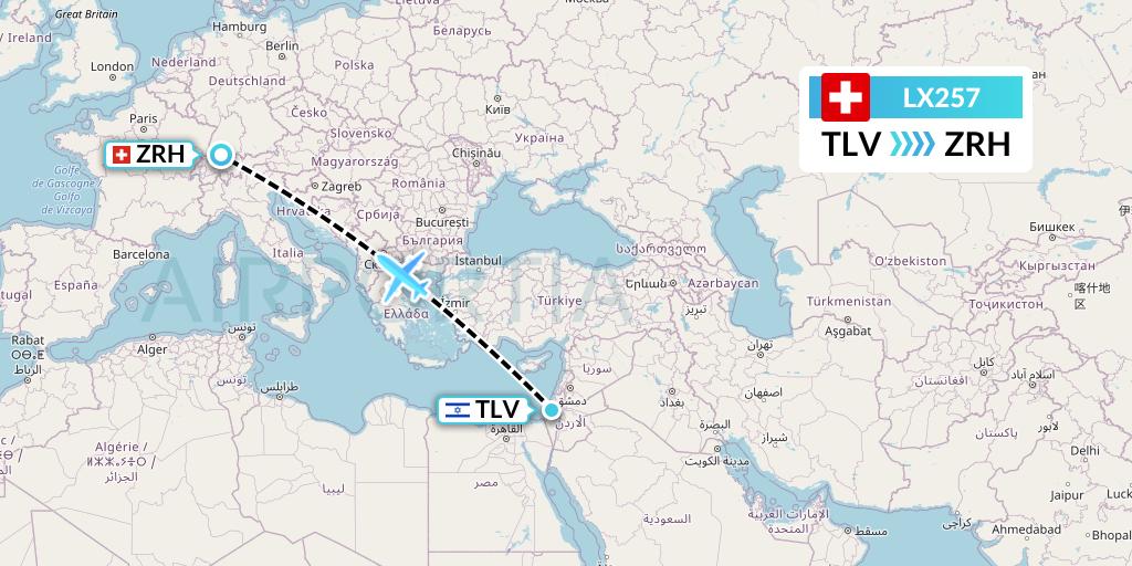 LX257 Swiss Flight Map: Tel Aviv to Zurich