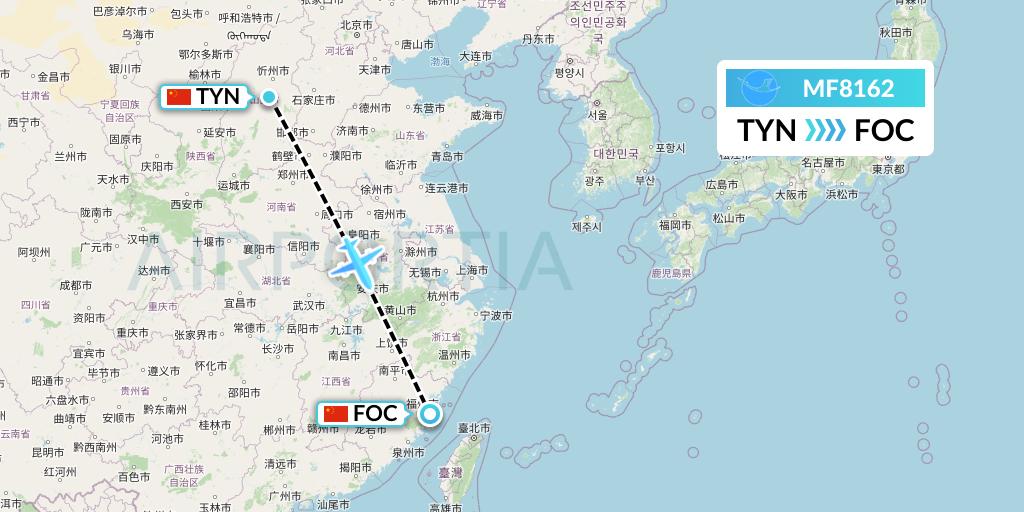MF8162 Xiamen Airlines Flight Map: Taiyuan to Fuzhou
