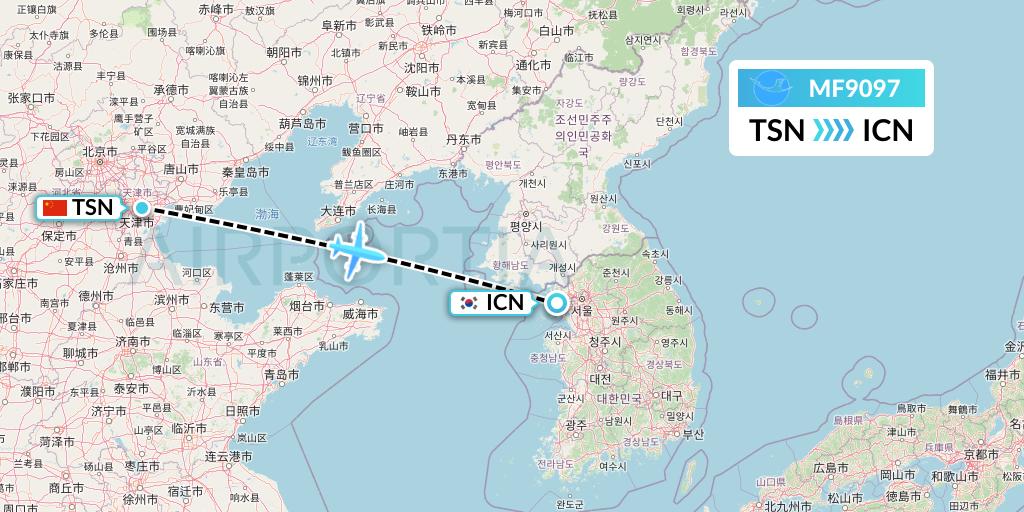MF9097 Xiamen Airlines Flight Map: Tianjin to Seoul