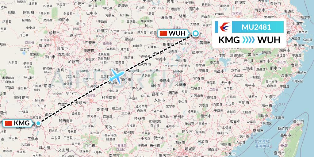 MU2481 China Eastern Airlines Flight Map: Kunming to Wuhan
