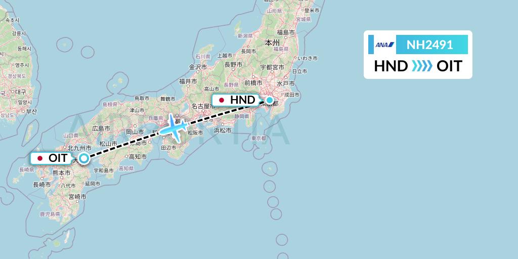 NH2491 All Nippon Airways Flight Map: Tokyo to Oita