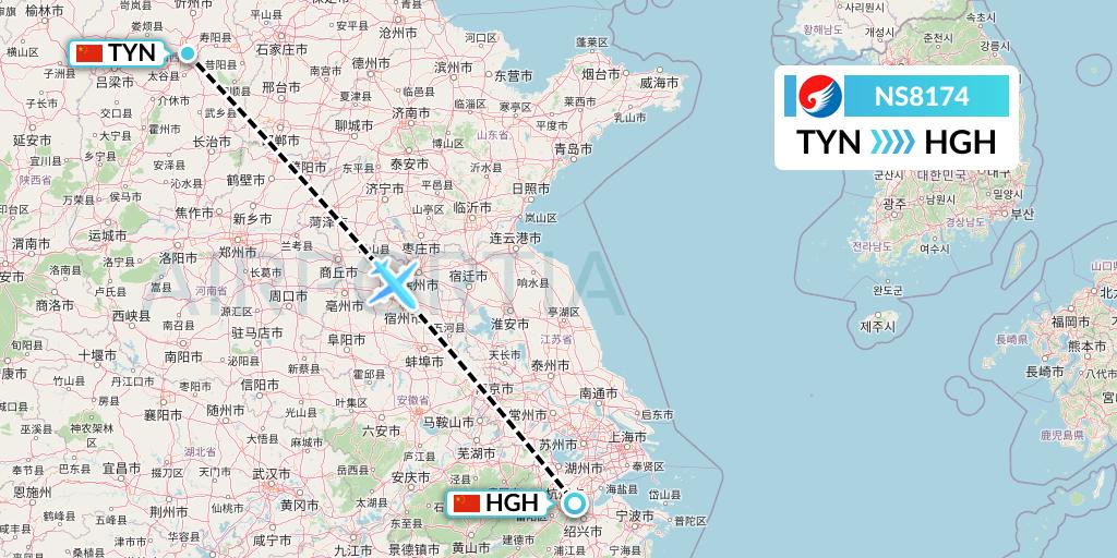 NS8174 Hebei Airlines Flight Map: Taiyuan to Hangzhou