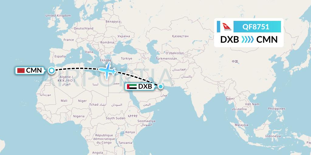 QF8751 Qantas Flight Map: Dubai to Casablanca