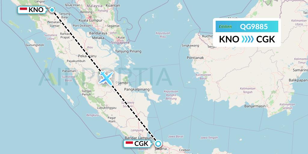 QG9885 Citilink Flight Map: Medan to Jakarta