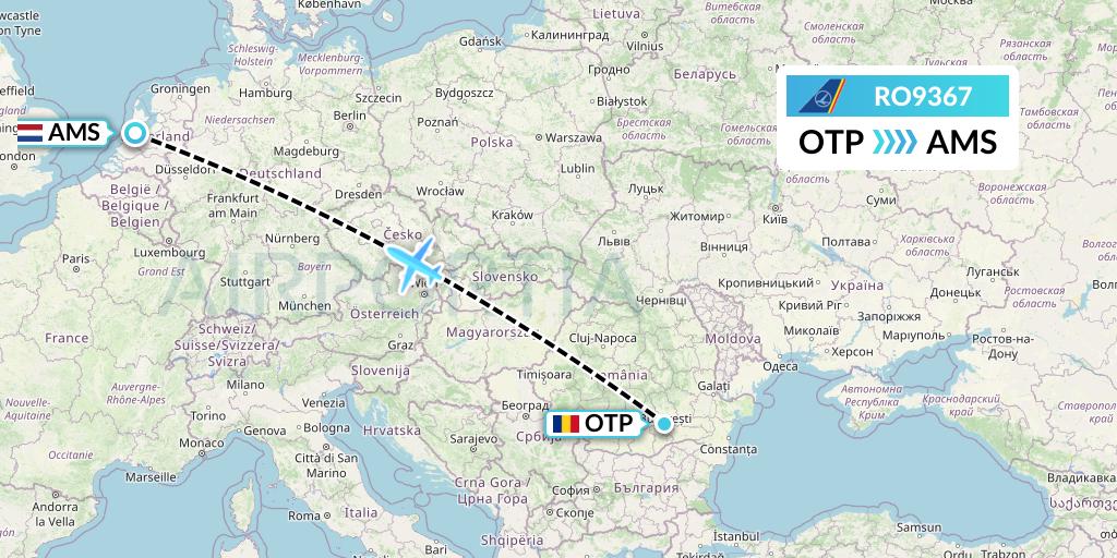 RO9367 Tarom Flight Map: Bucharest to Amsterdam