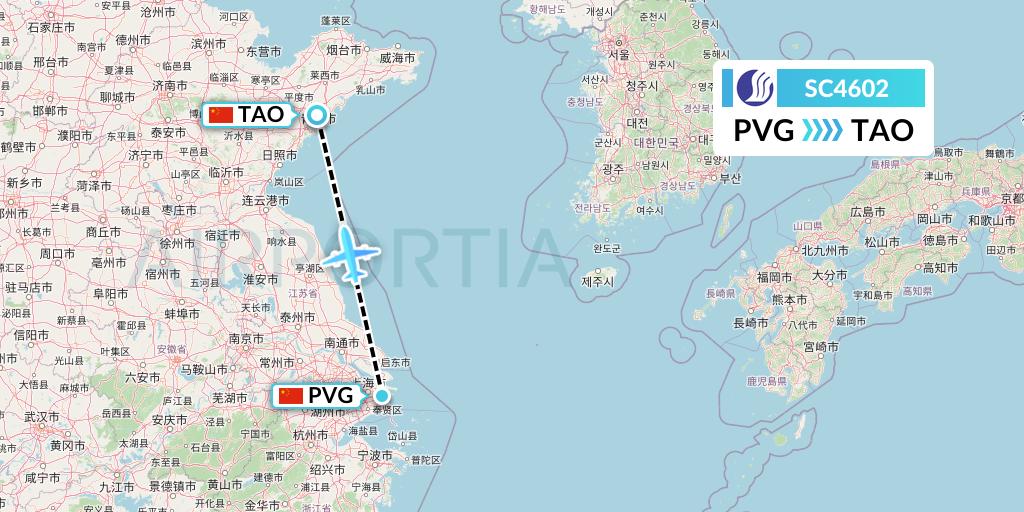 SC4602 Shandong Airlines Flight Map: Shanghai to Qingdao