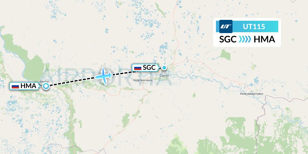 UT115 UTair Flight Map: Surgut to Khanty-Mansiysk
