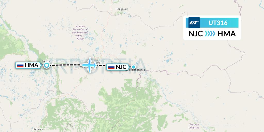 UT316 UTair Flight Map: Nizhnevartovsk to Khanty-Mansiysk