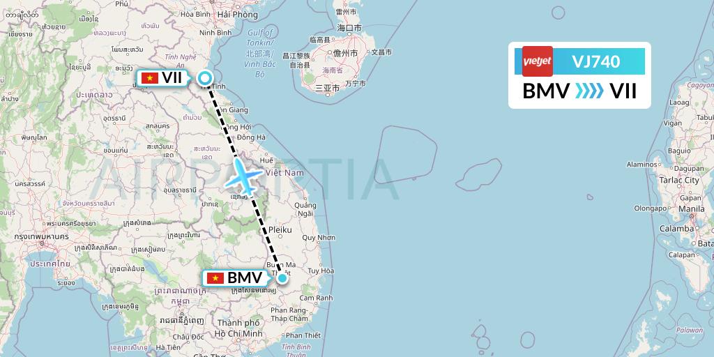 VJ740 VietJet Air Flight Map: Buon Ma Thuot to Vinh