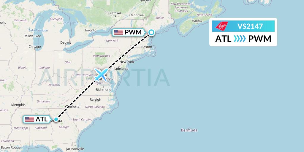 VS2147 Virgin Atlantic Airways Flight Map: Atlanta to Portland