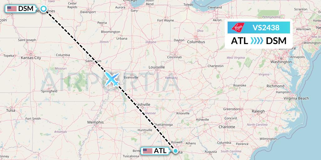 VS2438 Virgin Atlantic Airways Flight Map: Atlanta to Des Moines