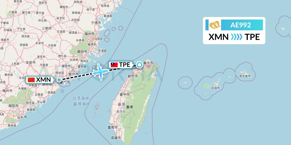 AE992 Mandarin Airlines Flight Map: Xiamen to Taipei