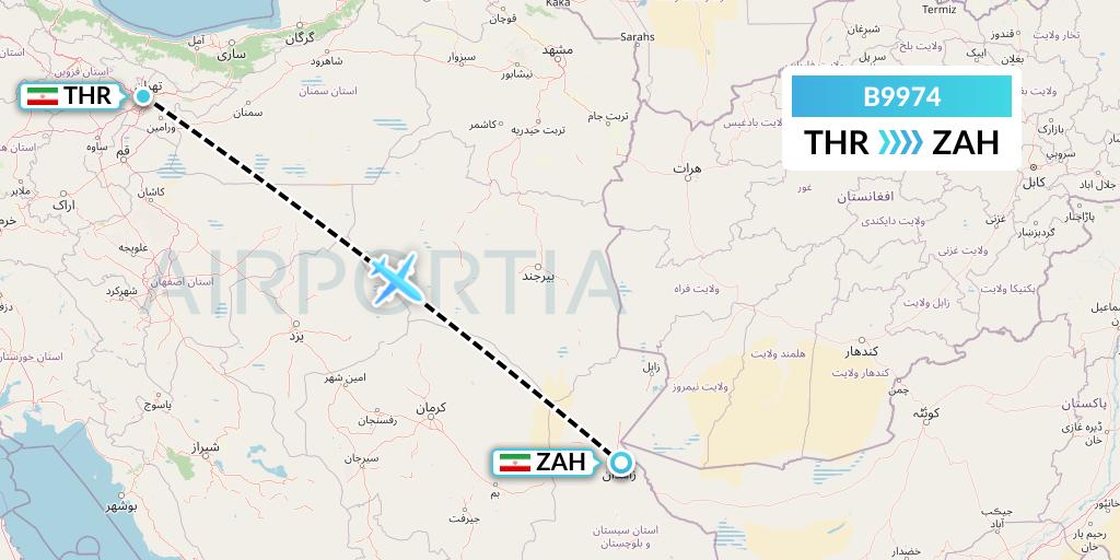 B9974 Iran Air Tours Flight Map: Tehran to Zahedan