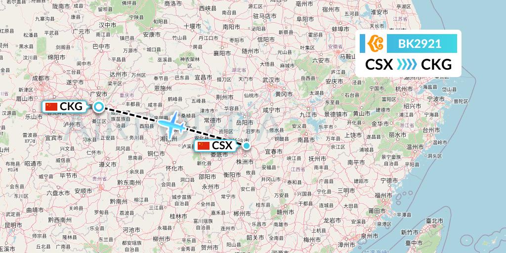BK2921 Okay Airways Flight Map: Changsha to Chongqing
