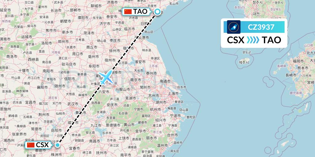 CZ3937 China Southern Airlines Flight Map: Changsha to Qingdao