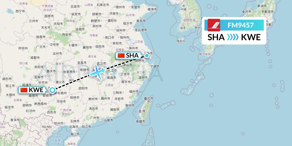 FM9457 Shanghai Airlines Flight Map: Shanghai to Guiyang
