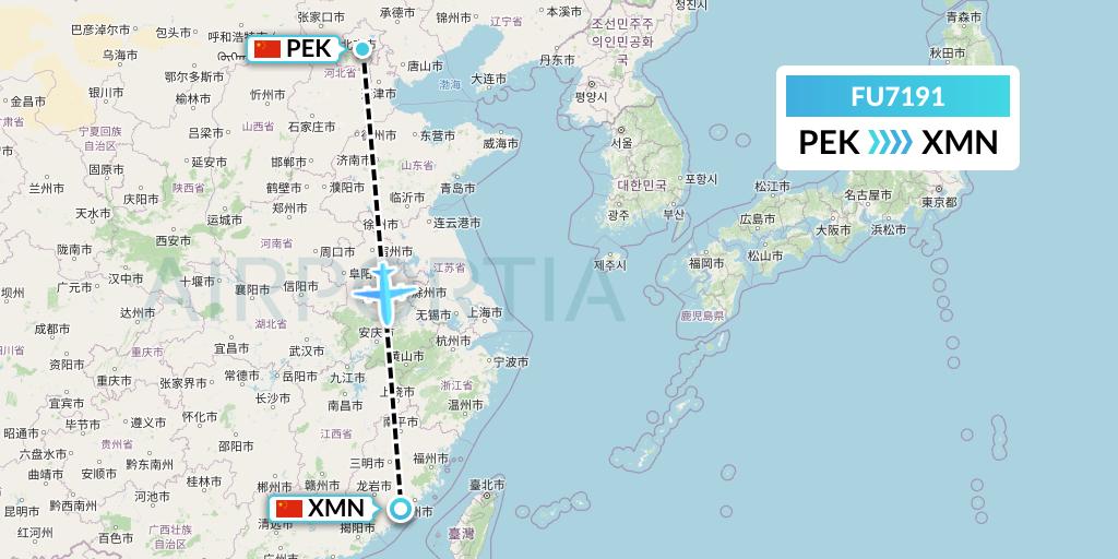 FU7191 Fuzhou Airlines Flight Map: Beijing to Xiamen