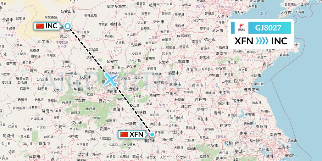 GJ8027 Loong Airlines Flight Map: Xiangyang to Yinchuan