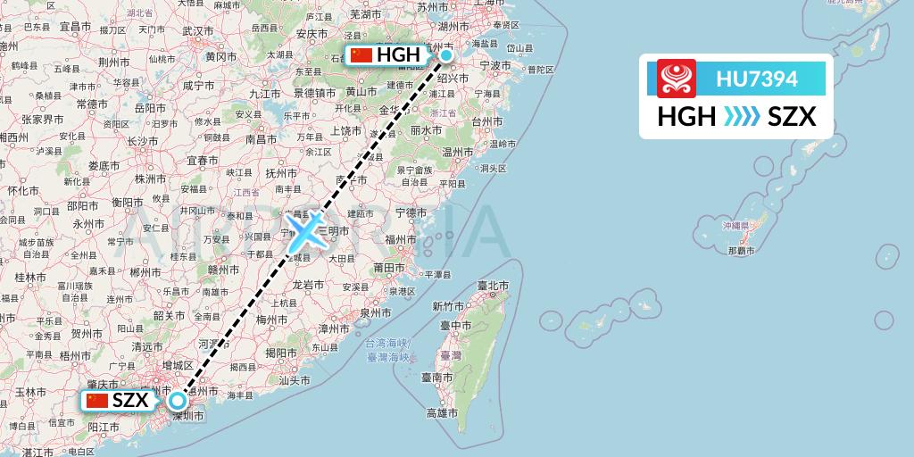 HU7394 Hainan Airlines Flight Map: Hangzhou to Shenzhen