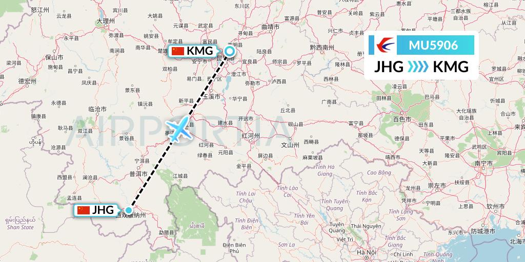 MU5906 China Eastern Airlines Flight Map: Jinghong to Kunming