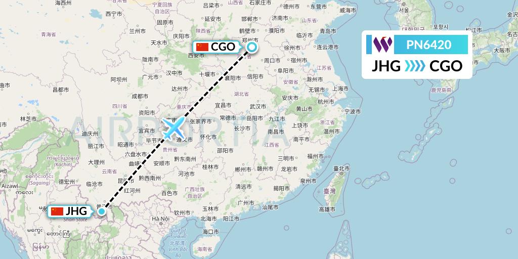 PN6420 China West Air Flight Map: Jinghong to Zhengzhou