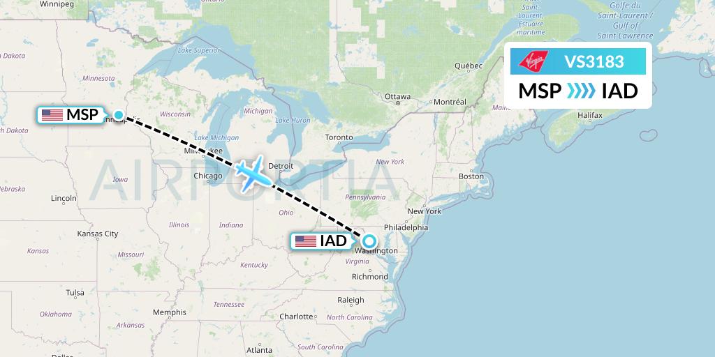VS3183 Virgin Atlantic Airways Flight Map: Minneapolis to Washington
