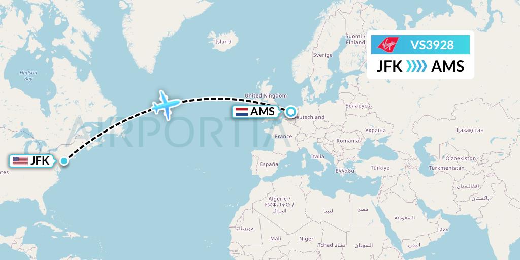VS3928 Virgin Atlantic Airways Flight Map: New York to Amsterdam