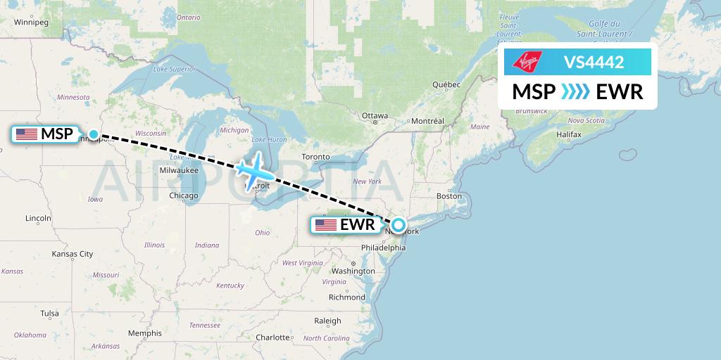 VS4442 Virgin Atlantic Airways Flight Map: Minneapolis to New York
