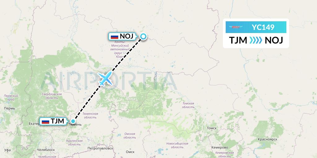 YC149 Yamal Airlines Flight Map: Tyumen to Noyabrsk
