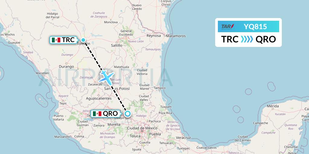 YQ815 TAR Aerolineas Flight Map: Torreon to Queretaro