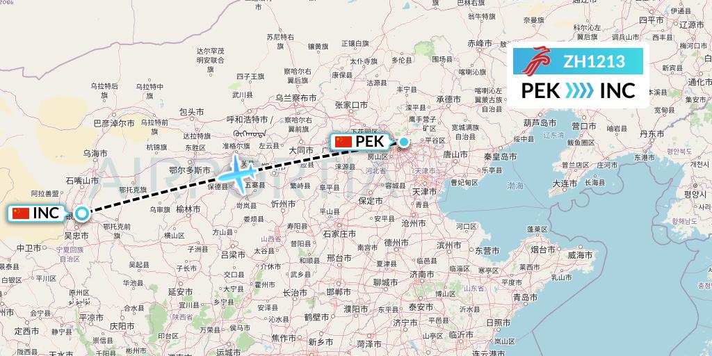 ZH1213 Shenzhen Airlines Flight Map: Beijing to Yinchuan