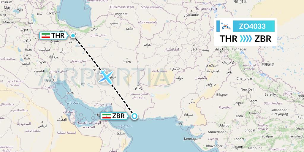 ZO4033 Zagros Airlines Flight Map: Tehran to Chabahar