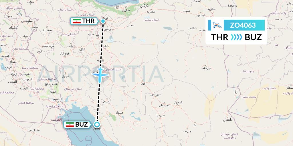ZO4063 Zagros Airlines Flight Map: Tehran to Bushehr
