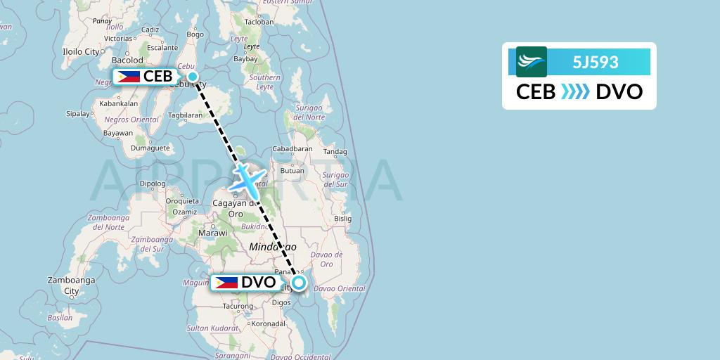 5J593 CEBU Pacific Air Flight Map: Cebu to Davao City