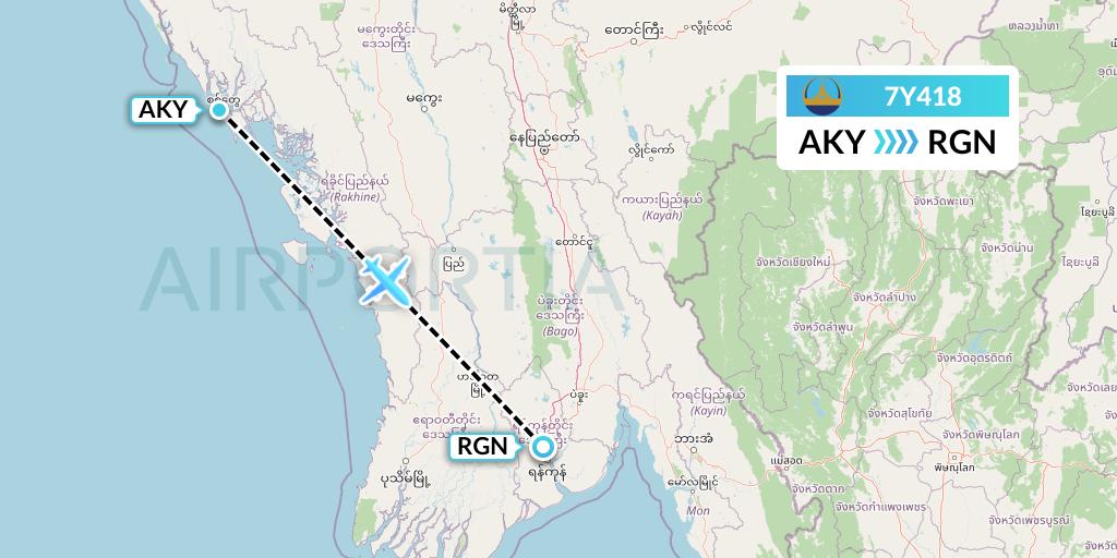 7Y418 Mann Yadanarpon Airlines Flight Map: Sittwe to Yangon