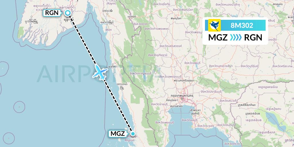 8M302 Myanmar Airways International Flight Map: Myeik to Yangon