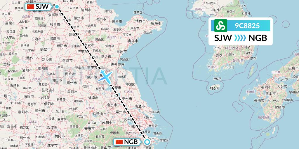 9C8825 Spring Airlines Flight Map: Shijiazhuang to Ningbo