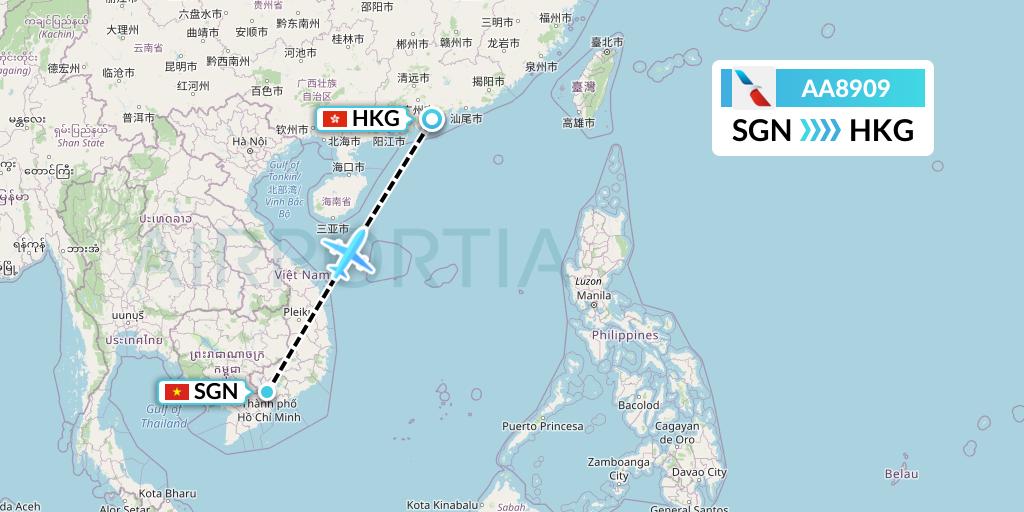 AA8909 American Airlines Flight Map: Ho Chi Minh City to Hong Kong