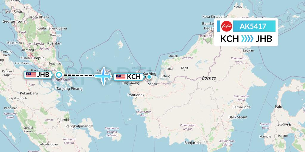AK5417 AirAsia Flight Map: Kuching to Johor Bahru