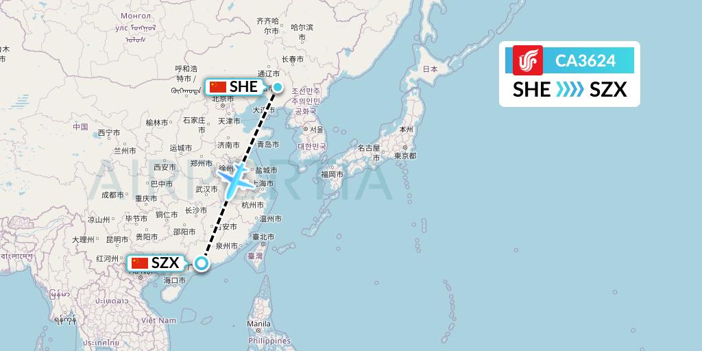 CA3624 Air China Flight Map: Shenyang to Shenzhen