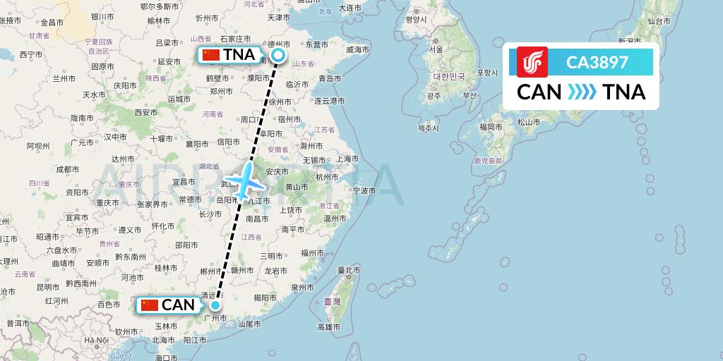 CA3897 Air China Flight Map: Guangzhou to Jinan