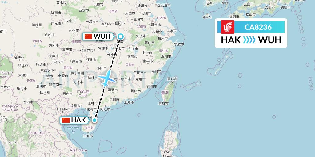 CA8236 Air China Flight Map: Haikou to Wuhan