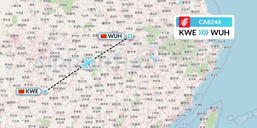 CA8244 Air China Flight Map: Guiyang to Wuhan