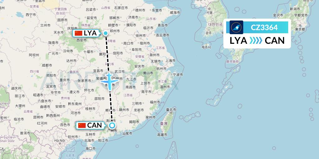 CZ3364 China Southern Airlines Flight Map: Luoyang to Guangzhou