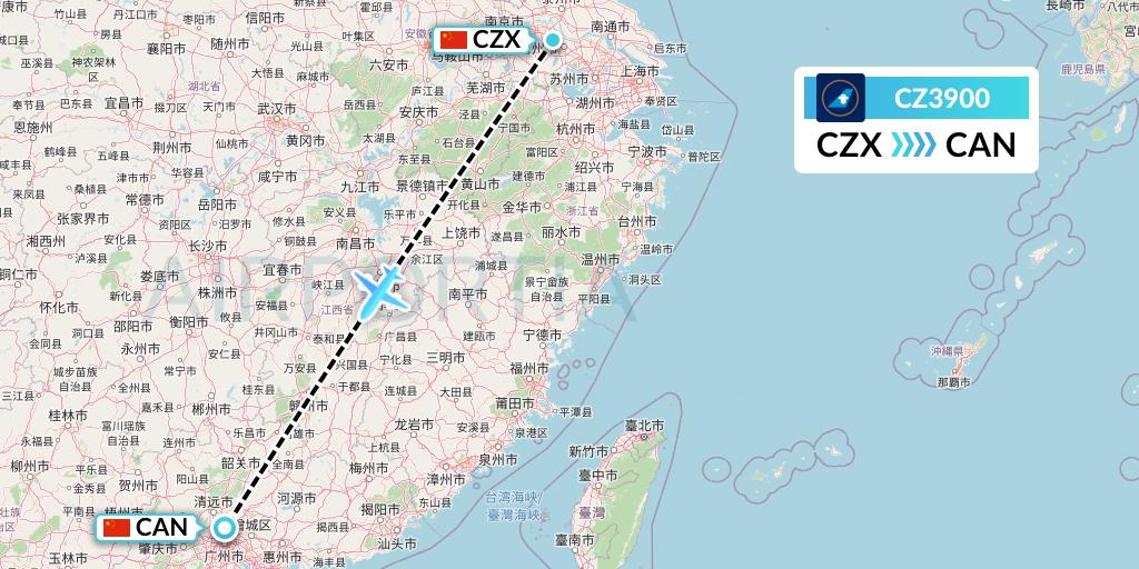 CZ3900 China Southern Airlines Flight Map: Changzhou to Guangzhou