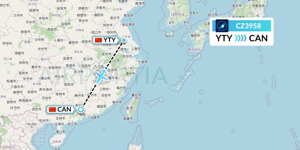 CZ3958 China Southern Airlines Flight Map: Yangzhou to Guangzhou